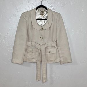 Anthropology Tulle princess cut round collar winter white belted jacket size M